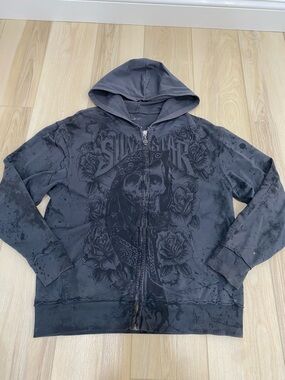 Silver Star Hoodie Men Gray Graphic Skull Roses Spell Out Skull Zip Tab USA